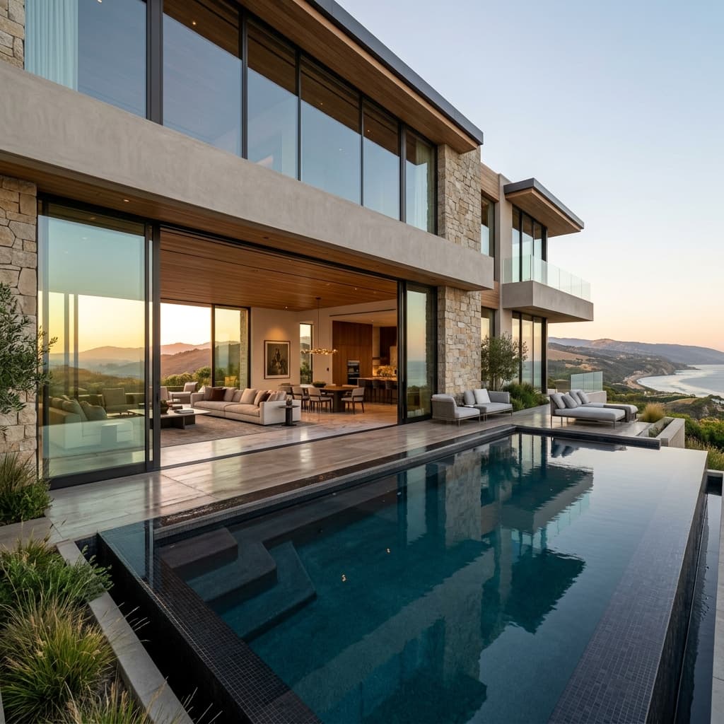 Luxury interior with large glass windows
